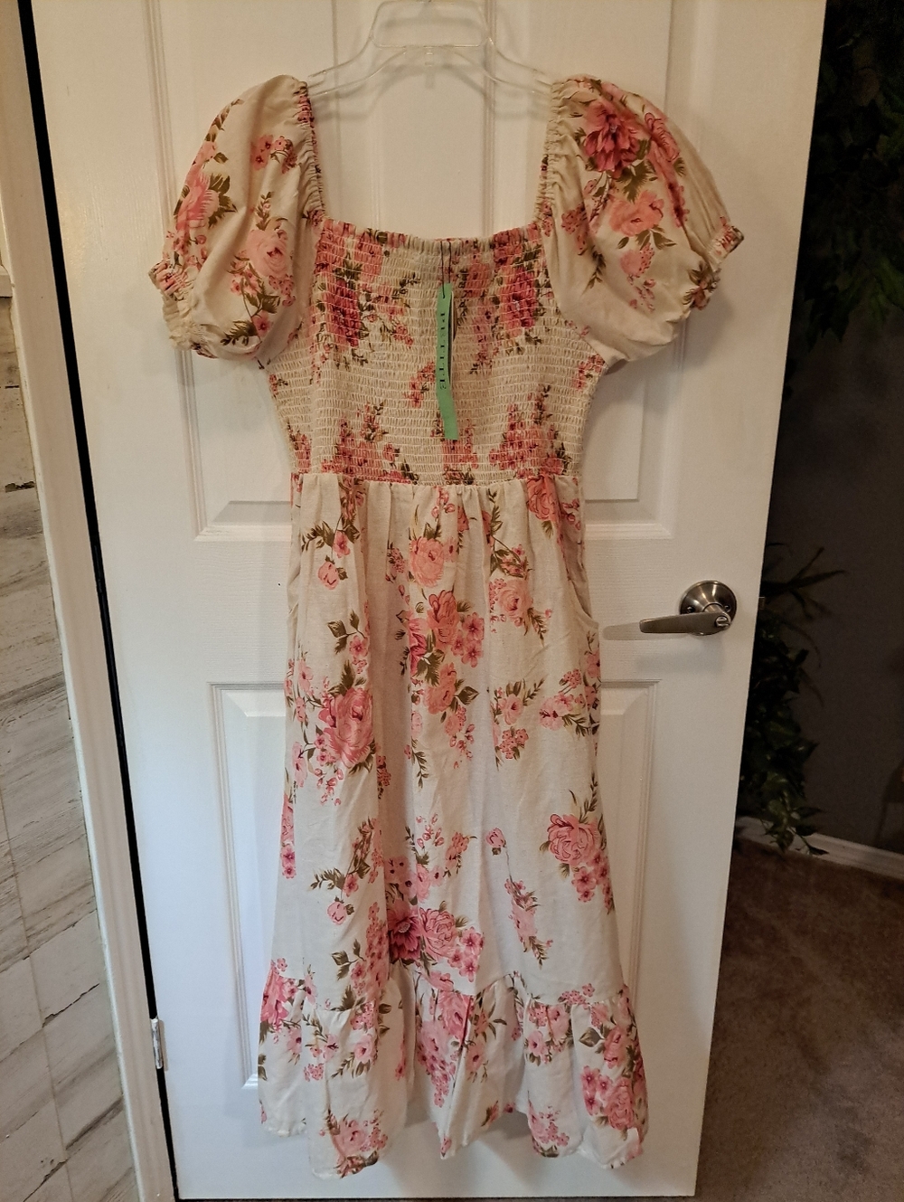 Lapogee Linen Blend Puff Sleeve Floral Midi Dress